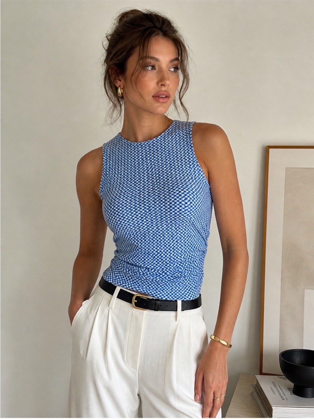 Halara Softlyzero Airy Blue Gingham Sleeveless Tank Top Built In Bra Size M NWT